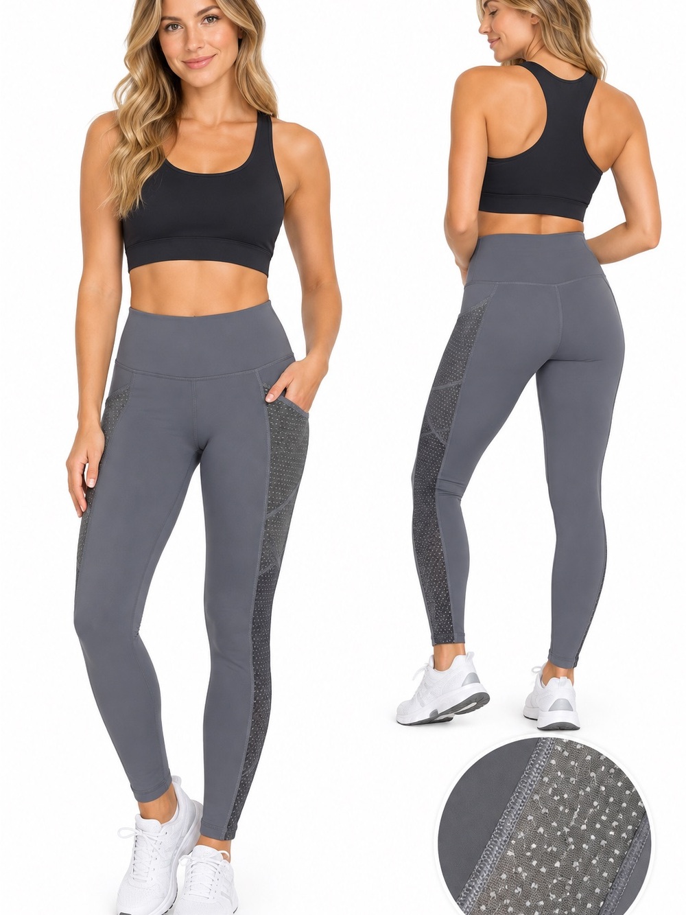 High-Rise Gray Performance Leggings with Side Mesh Detail - 1058